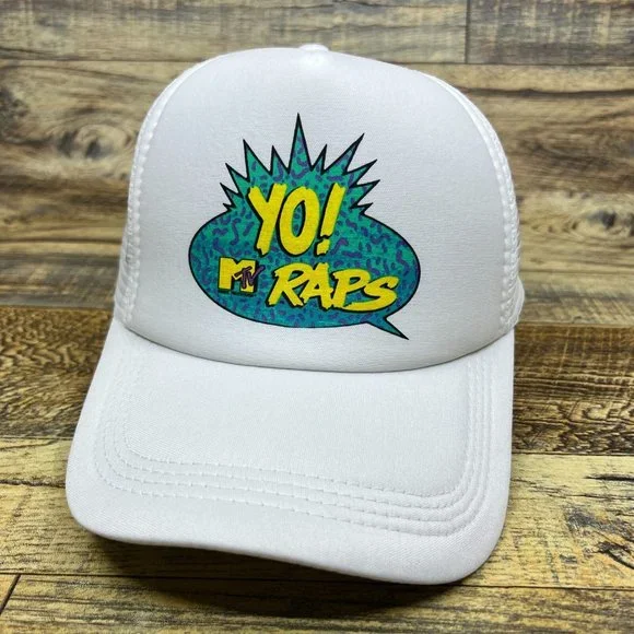Yo! MTV Raps Mens Trucker Hat White Snapback 1988 Hip Hop Battle Retro TV Cap - Picture 2 of 8